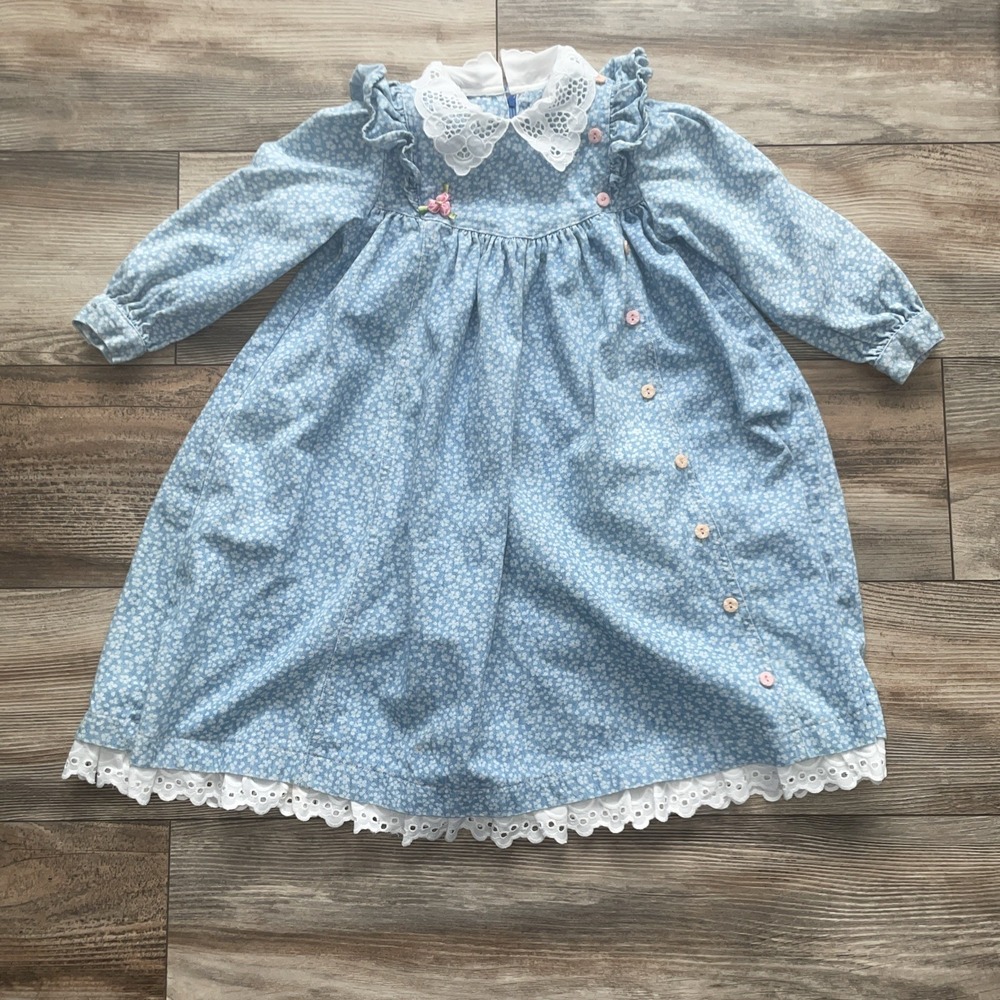 Vintage 1980s Toddler Girl 4 Blue Ditzy Floral Cotton Lace Collar Easter Outfit - Picture 4 of 8
